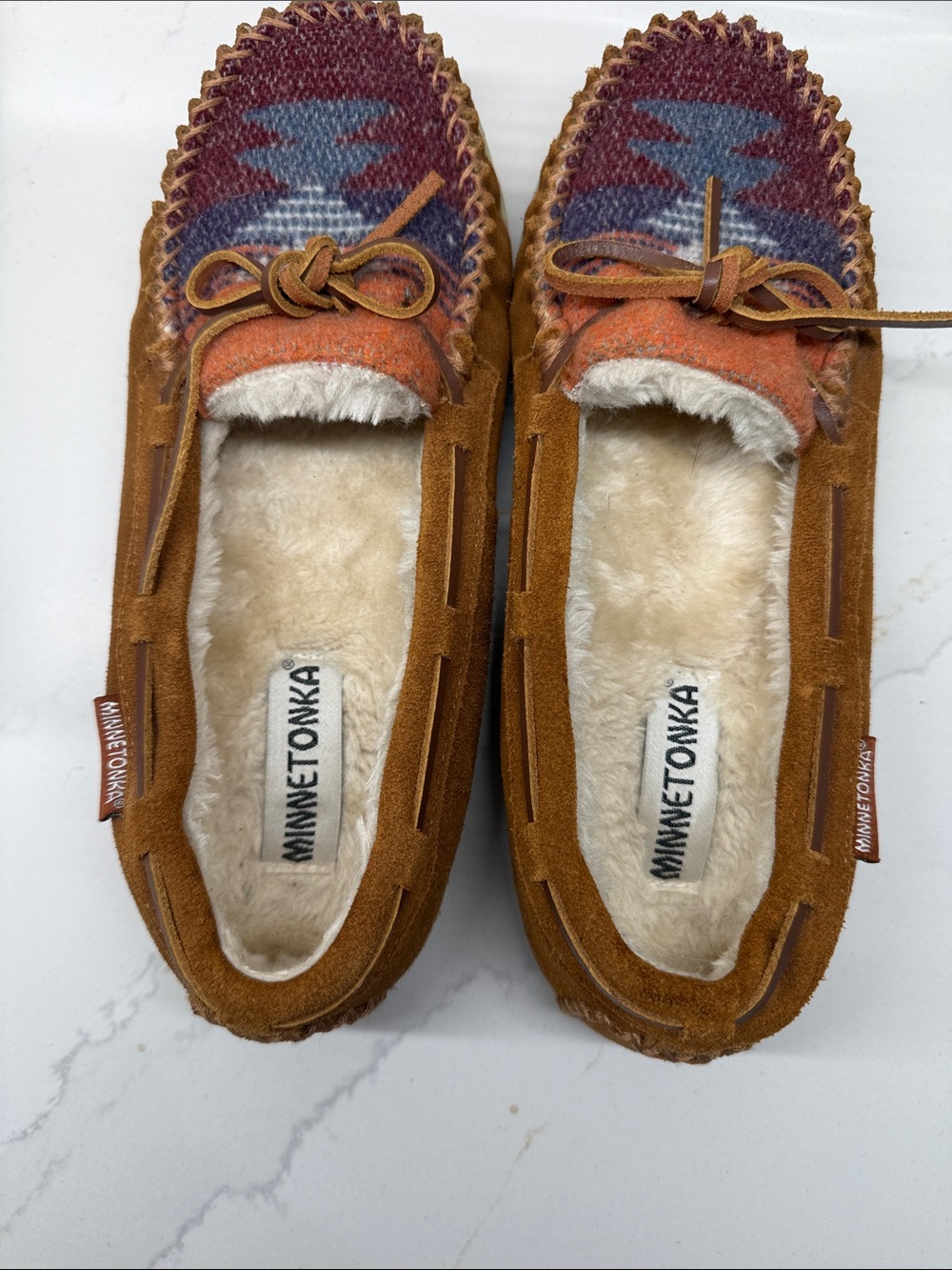 Minnetonka Suede Moccasins with Aztec Patterned Wool Top - Rust, Navy & Tan - Picture 1 of 5
